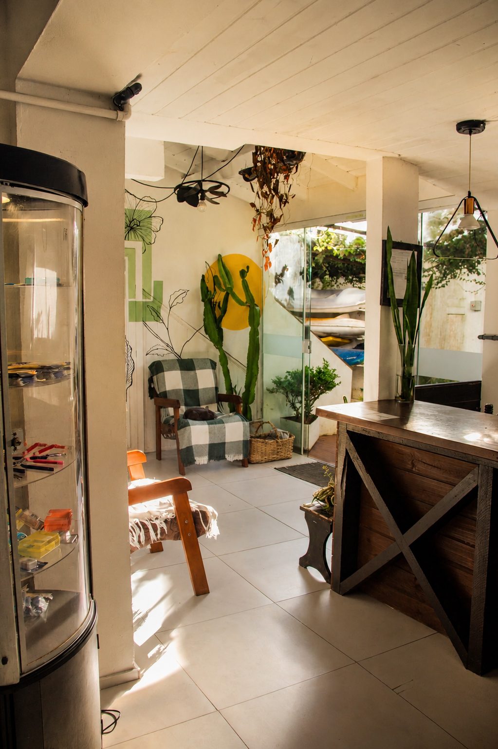 Recepção da Lagoa Nômade, com decoração de cactos e acesso ao deck